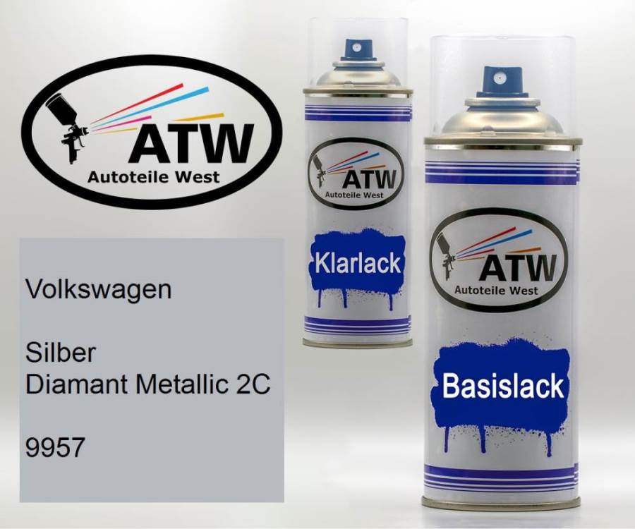 Volkswagen, Silber Diamant Metallic 2C, 9957: 400ml Sprühdose + 400ml Klarlack - Set, von ATW Autoteile West.